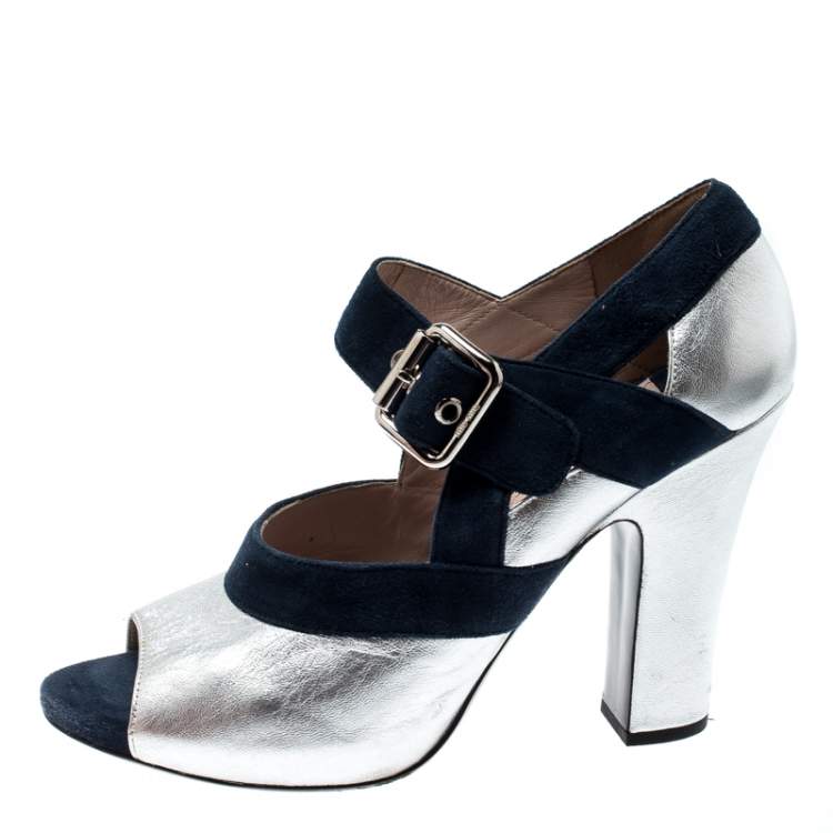 Pre Owned Miu Miu Metallic Silver Leather And Blue Suede Mary Jane Peep Toe Pumps Size 38.5