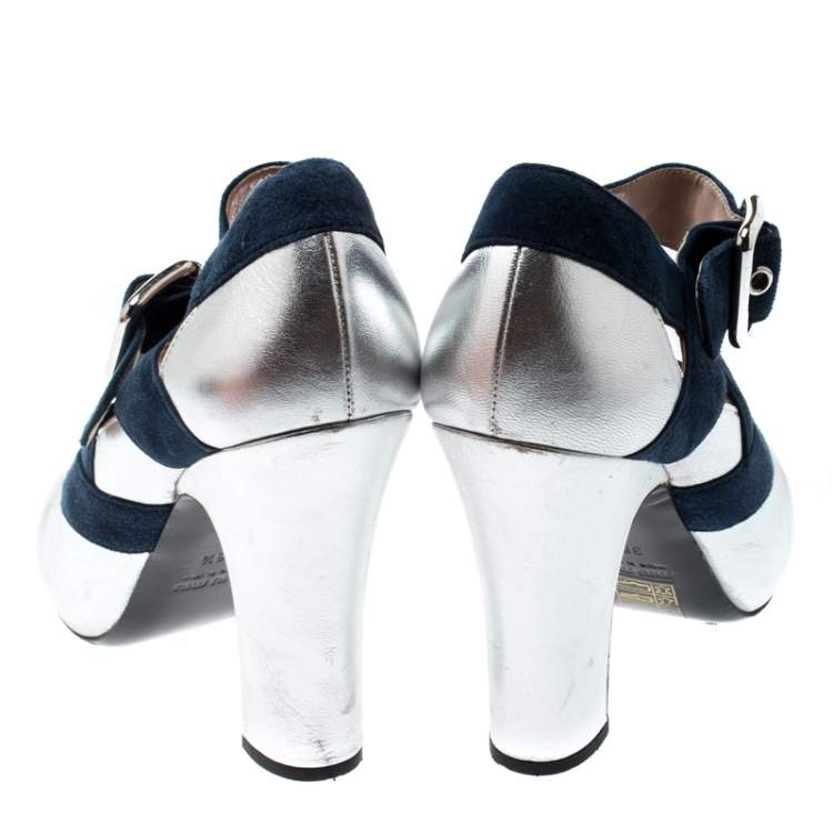 Pre Owned Miu Miu Metallic Silver Leather And Blue Suede Mary Jane Peep Toe Pumps Size 38.5
