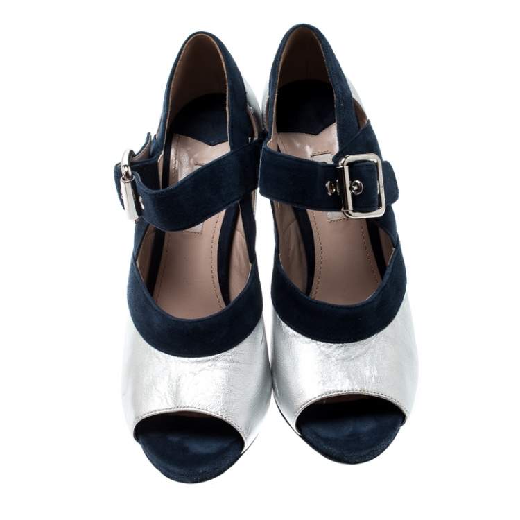 Pre Owned Miu Miu Metallic Silver Leather And Blue Suede Mary Jane Peep Toe Pumps Size 38.5
