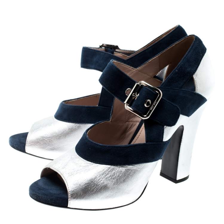Pre Owned Miu Miu Metallic Silver Leather And Blue Suede Mary Jane Peep Toe Pumps Size 38.5