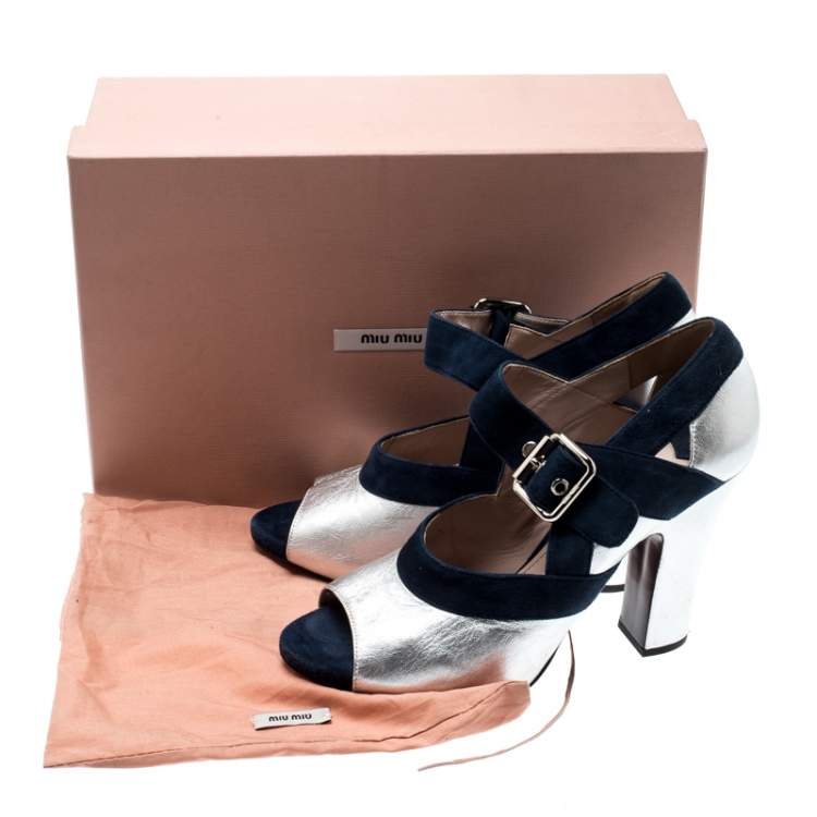 Pre Owned Miu Miu Metallic Silver Leather And Blue Suede Mary Jane Peep Toe Pumps Size 38.5