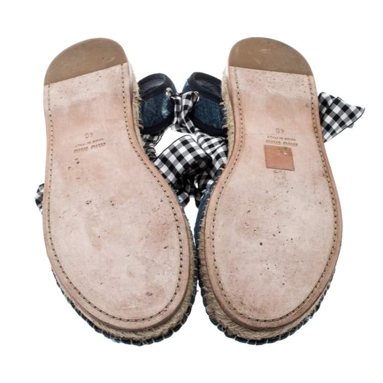 Pre Owned Miu Miu Blue Denim Fabric Tie Up Espadrille Flats Sandals Size 40