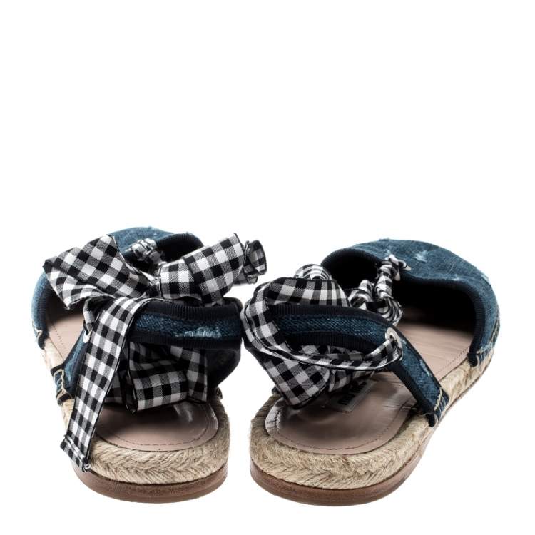 Pre Owned Miu Miu Blue Denim Fabric Tie Up Espadrille Flats Sandals Size 40