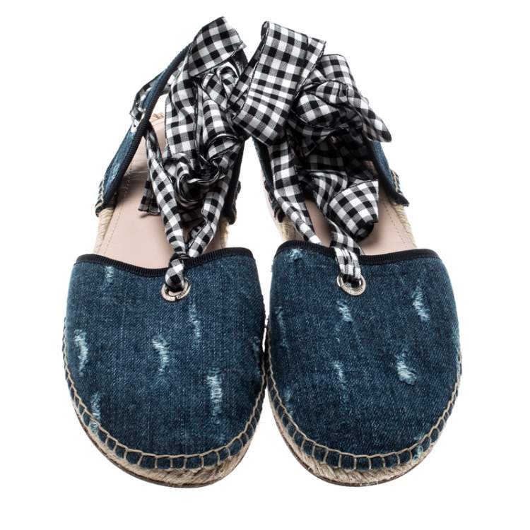 Pre Owned Miu Miu Blue Denim Fabric Tie Up Espadrille Flats Sandals Size 40