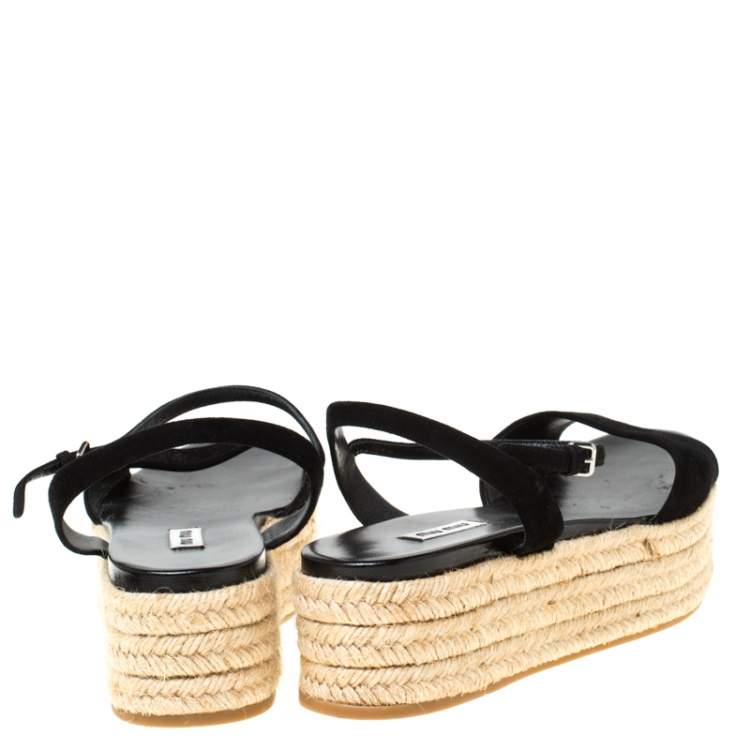 Pre Owned Miu Miu Black Suede Espadrille Platform Flat Sandals Size 42