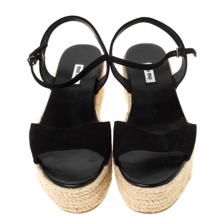Pre Owned Miu Miu Black Suede Espadrille Platform Flat Sandals Size 42