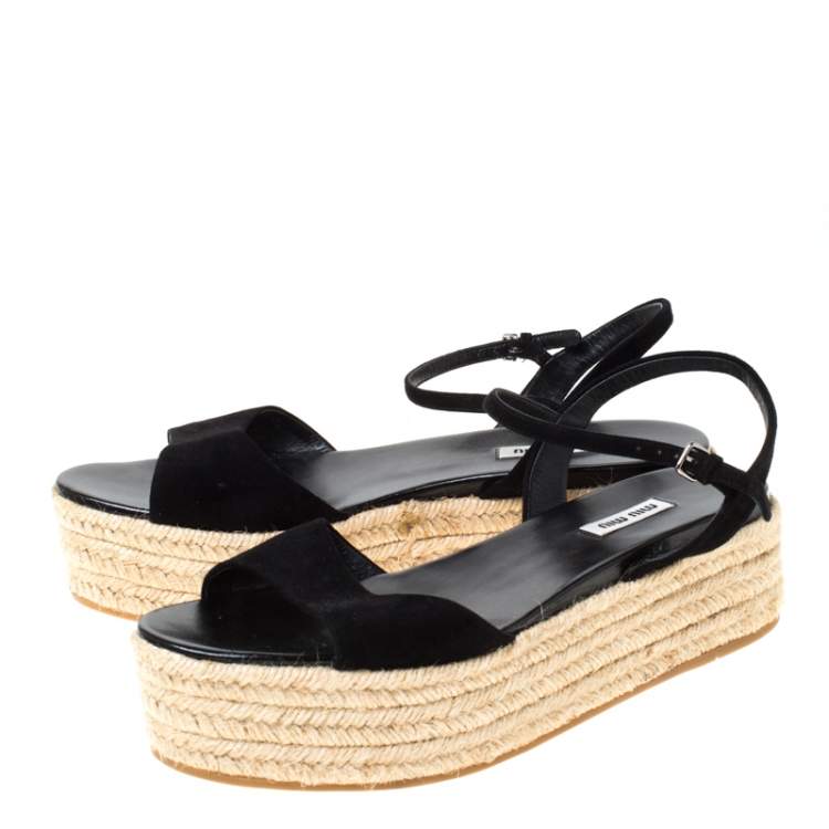 Pre Owned Miu Miu Black Suede Espadrille Platform Flat Sandals Size 42