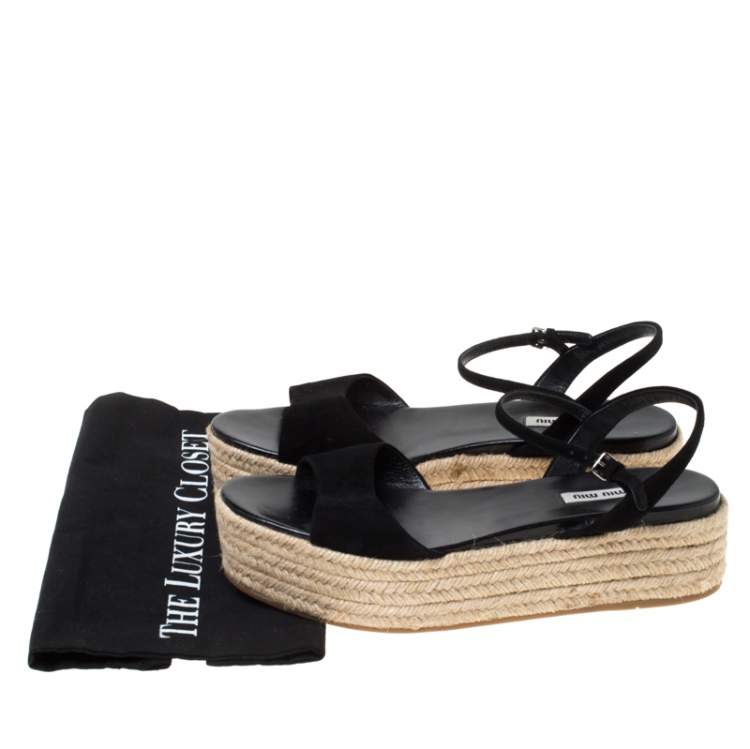 Pre Owned Miu Miu Black Suede Espadrille Platform Flat Sandals Size 42