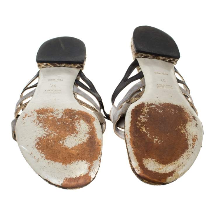 Pre Owned Miu Miu Multicolor Python Leather And Suede Spider Embellished Flat Sandals Size 37