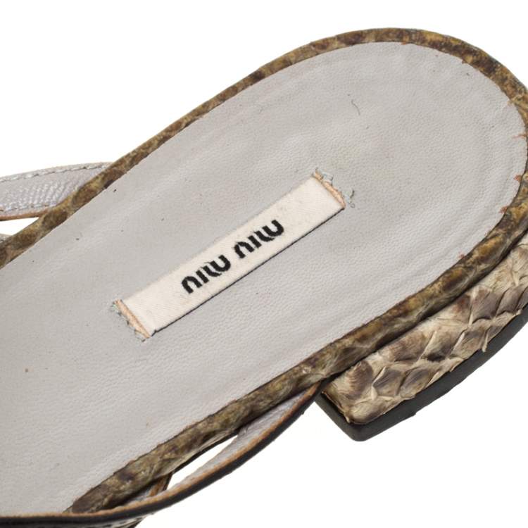 Pre Owned Miu Miu Multicolor Python Leather And Suede Spider Embellished Flat Sandals Size 37