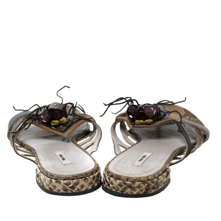 Pre Owned Miu Miu Multicolor Python Leather And Suede Spider Embellished Flat Sandals Size 37