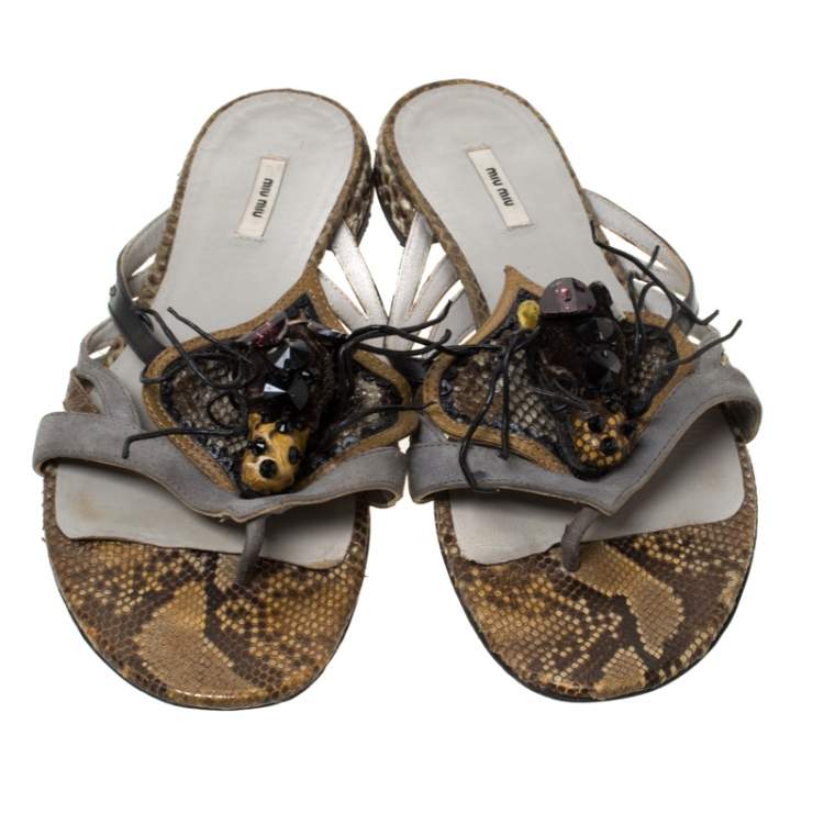 Pre Owned Miu Miu Multicolor Python Leather And Suede Spider Embellished Flat Sandals Size 37