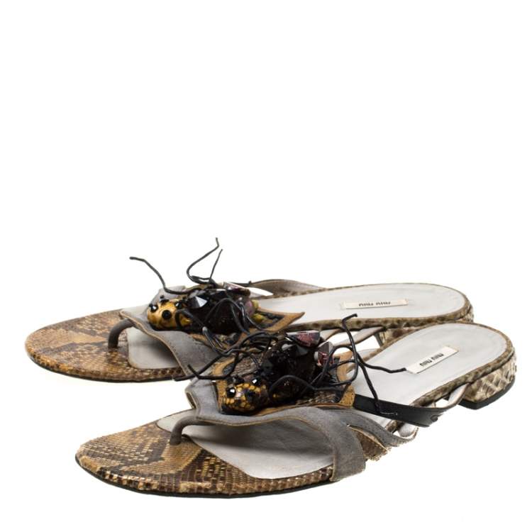 Pre Owned Miu Miu Multicolor Python Leather And Suede Spider Embellished Flat Sandals Size 37