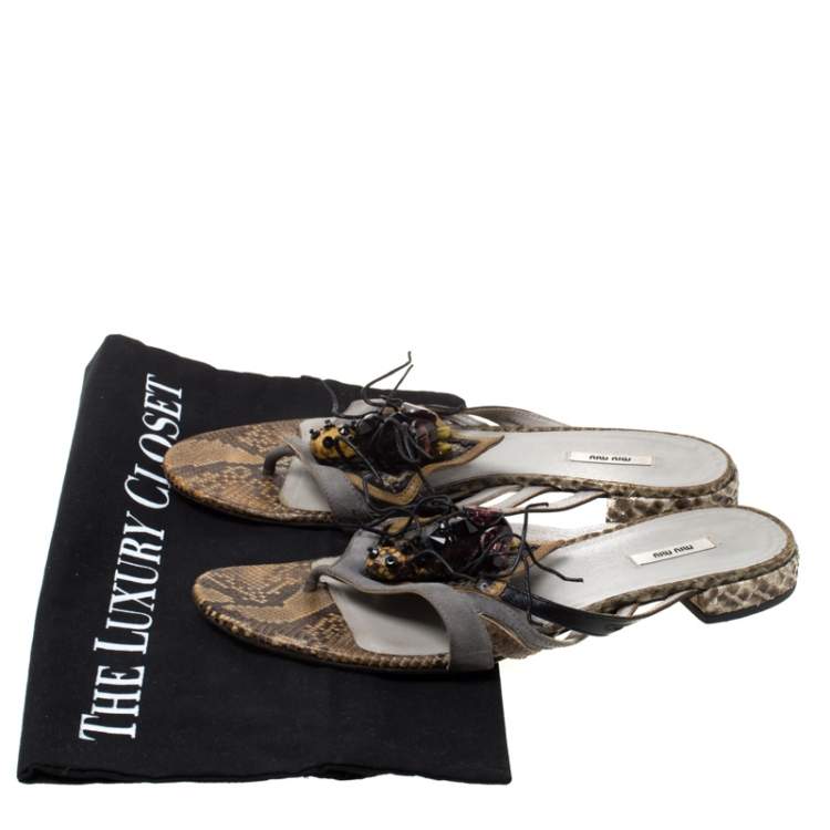 Pre Owned Miu Miu Multicolor Python Leather And Suede Spider Embellished Flat Sandals Size 37