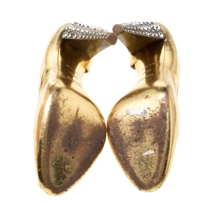 Pre Owned Miu Miu Gold Metallic Leather Crystal Embellished Heel Sandals Size 38.5