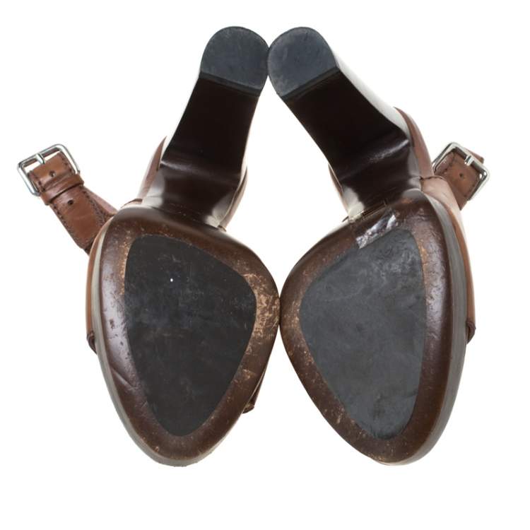 Pre Owned Miu Miu Brown Leather Open Toe Slingback Platform Sandals Size 37