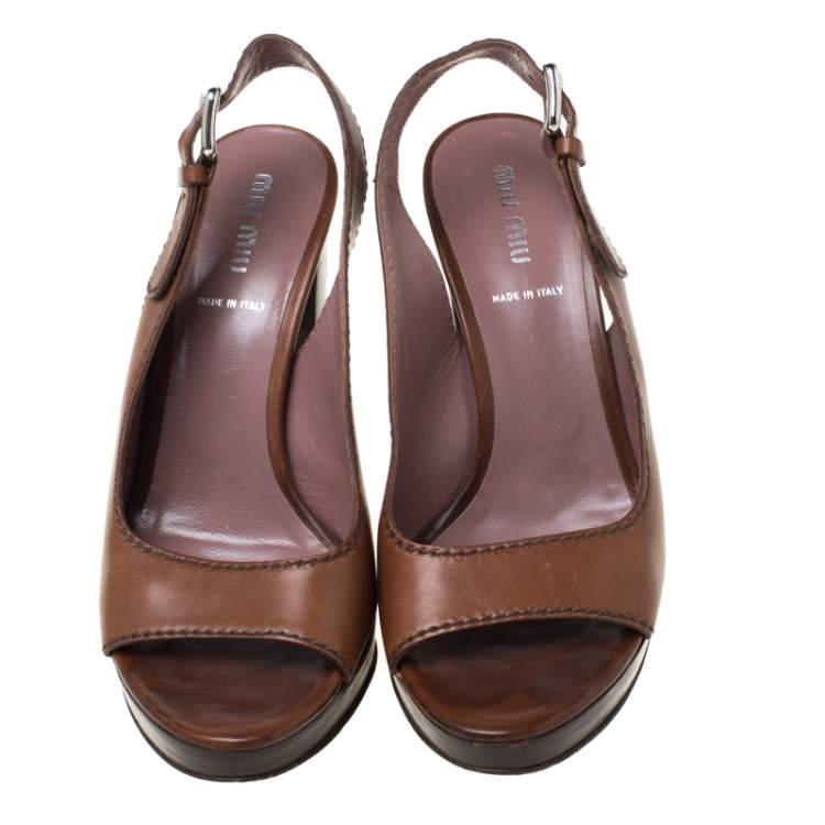 Pre Owned Miu Miu Brown Leather Open Toe Slingback Platform Sandals Size 37