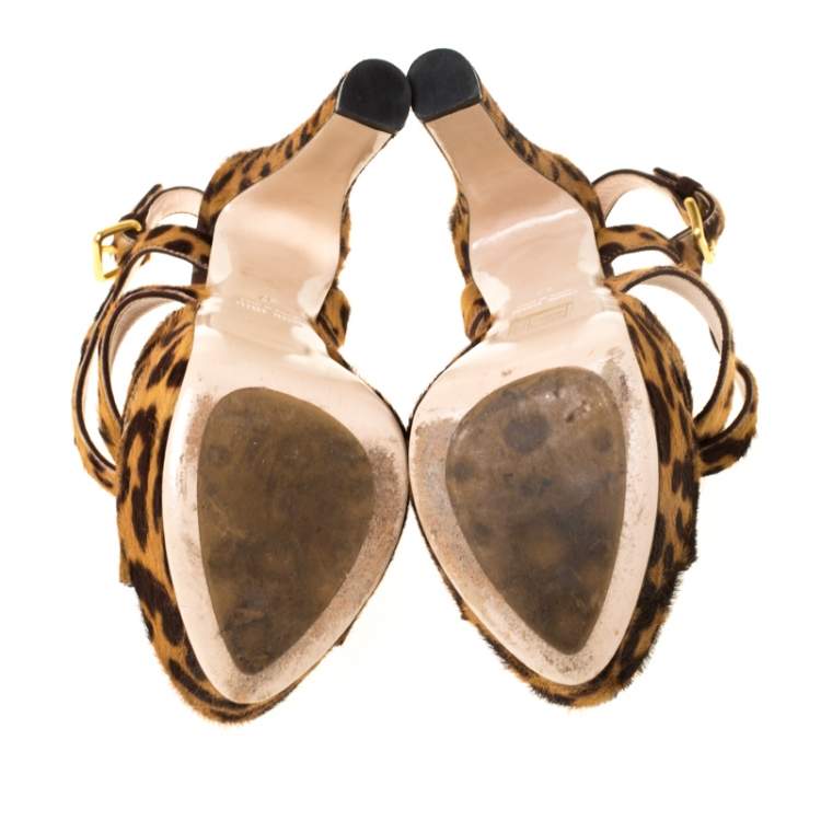 Pre Owned Miu Miu Brown Leopard Print Calf Hair Criss Cross Ankle Strap Platform Sandals Size 37
