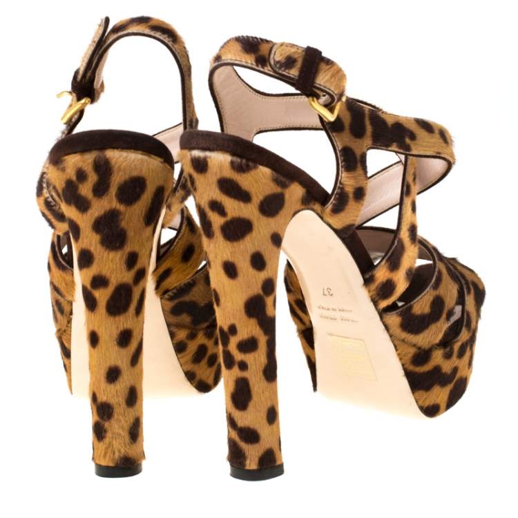 Pre Owned Miu Miu Brown Leopard Print Calf Hair Criss Cross Ankle Strap Platform Sandals Size 37