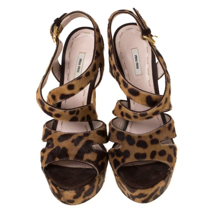 Pre Owned Miu Miu Brown Leopard Print Calf Hair Criss Cross Ankle Strap Platform Sandals Size 37