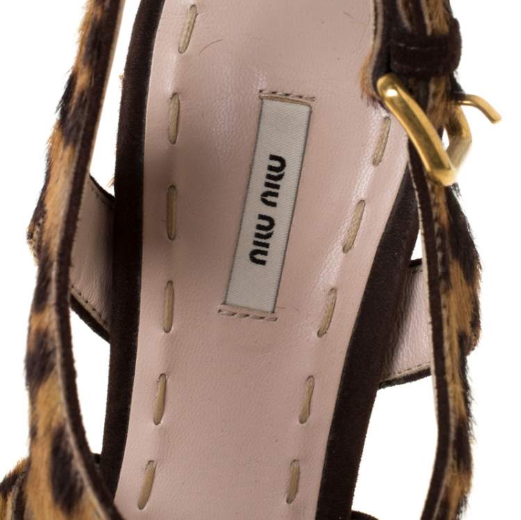 Pre Owned Miu Miu Brown Leopard Print Calf Hair Criss Cross Ankle Strap Platform Sandals Size 37