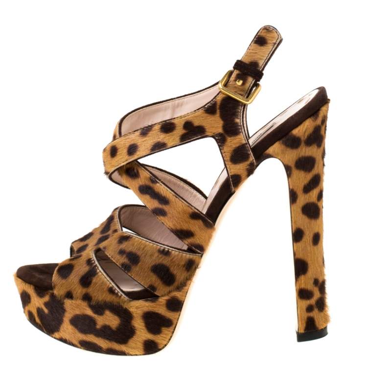 Pre Owned Miu Miu Brown Leopard Print Calf Hair Criss Cross Ankle Strap Platform Sandals Size 37