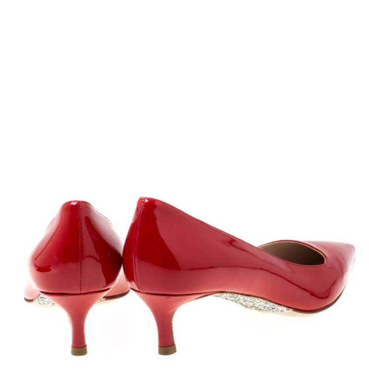 Pre Owned Miu Miu Red Patent Leather Glitter Sole Kitten Heel Pumps Size 37.5