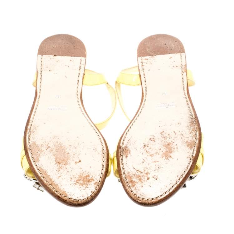 Pre Owned Miu Miu Yellow Patent Leather Crystal Embellished Ankle Strap Flat Sandals Size 37