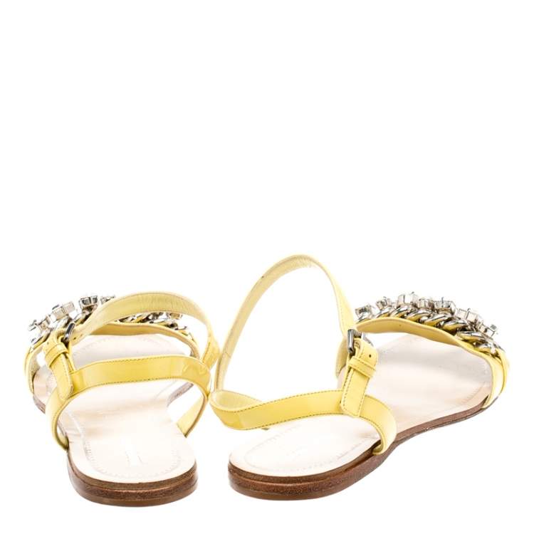 Pre Owned Miu Miu Yellow Patent Leather Crystal Embellished Ankle Strap Flat Sandals Size 37