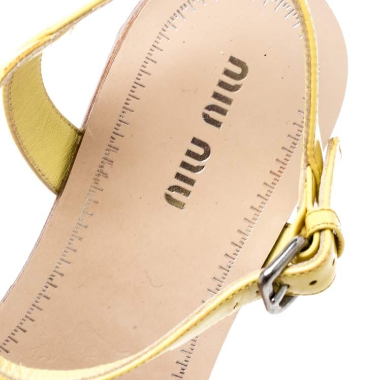 Pre Owned Miu Miu Yellow Patent Leather Crystal Embellished Ankle Strap Flat Sandals Size 37