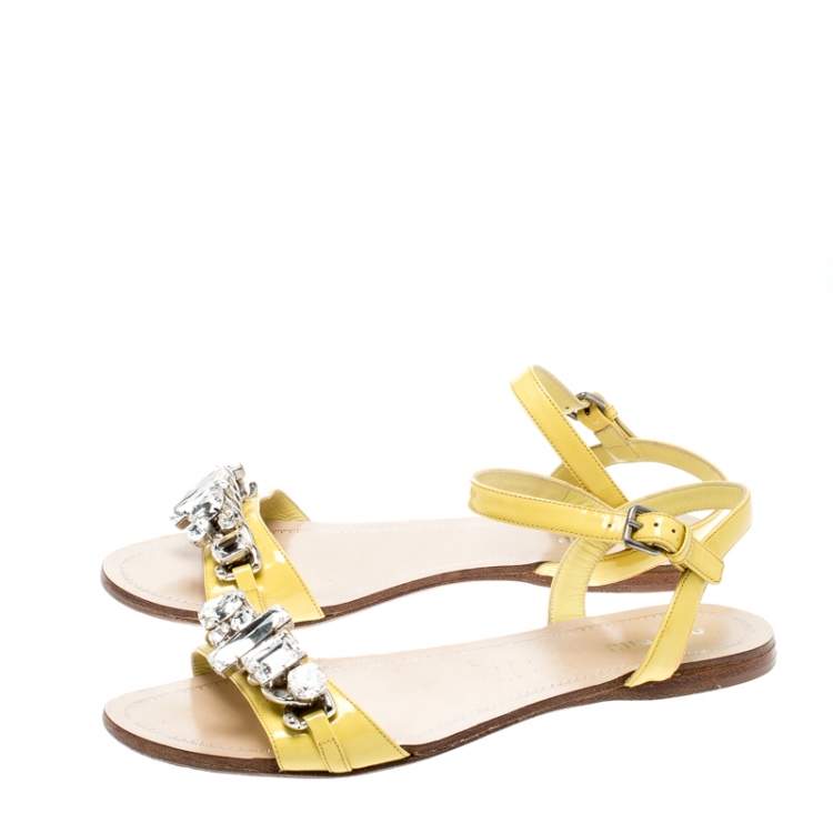Pre Owned Miu Miu Yellow Patent Leather Crystal Embellished Ankle Strap Flat Sandals Size 37