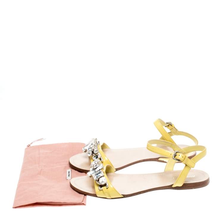 Pre Owned Miu Miu Yellow Patent Leather Crystal Embellished Ankle Strap Flat Sandals Size 37