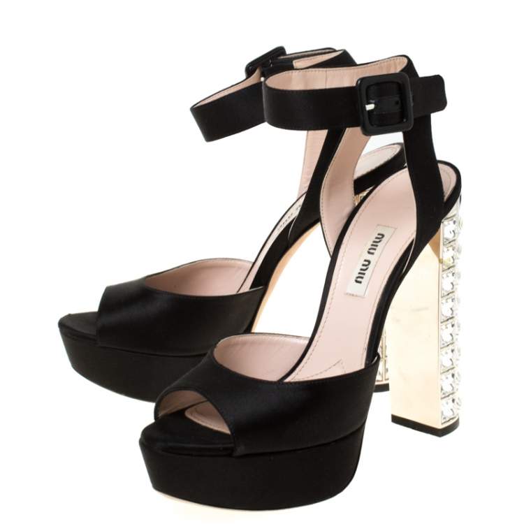 مملوكة مسبقًا Miu Miu Black Satin Embellished Block Heel Peep Toe Platform Ankle Strap Sandals Size 37.5