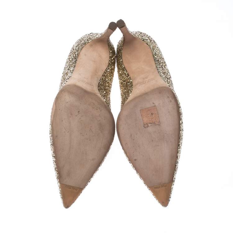 Pre Owned Miu Miu Metallic Gold Glitter Pointed Toe Pumps Size 38