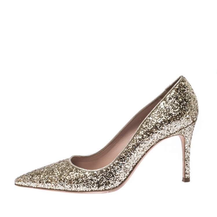 Pre Owned Miu Miu Metallic Gold Glitter Pointed Toe Pumps Size 38