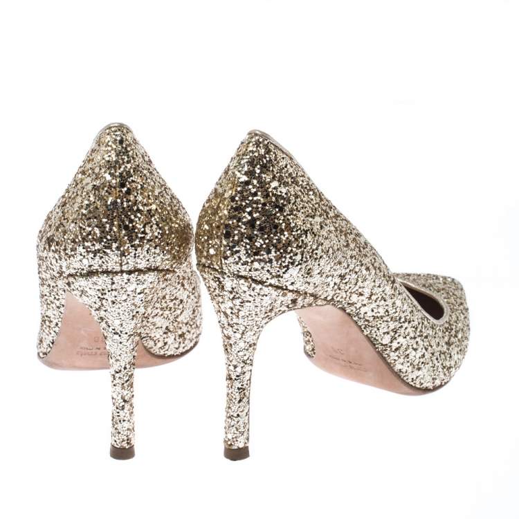 Pre Owned Miu Miu Metallic Gold Glitter Pointed Toe Pumps Size 38