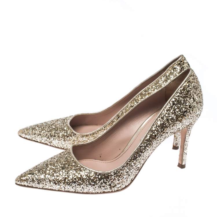 Pre Owned Miu Miu Metallic Gold Glitter Pointed Toe Pumps Size 38
