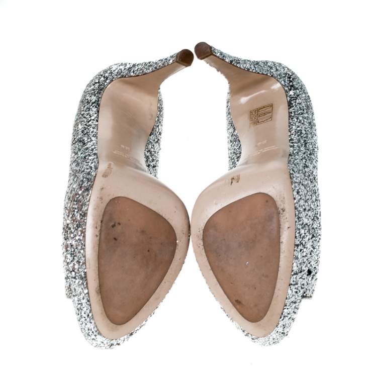 Pre Owned Miu Miu Silver Glitter Peep Toe Platform Pumps Size 39