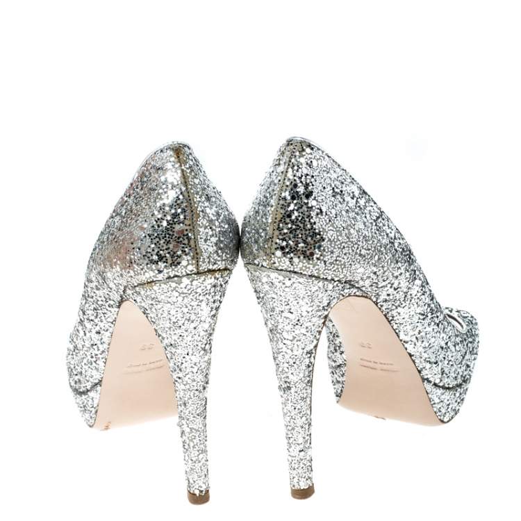 Pre Owned Miu Miu Silver Glitter Peep Toe Platform Pumps Size 39