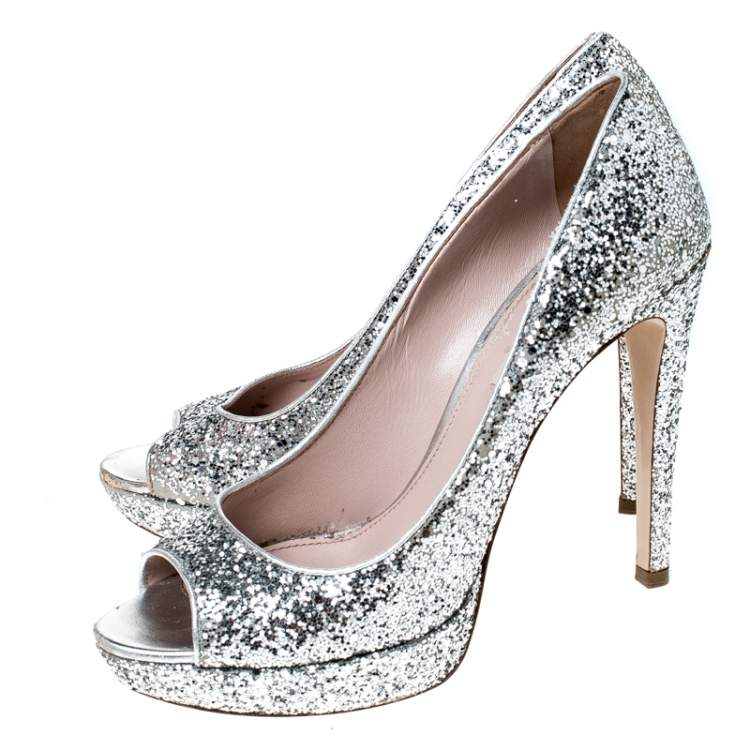 Pre Owned Miu Miu Silver Glitter Peep Toe Platform Pumps Size 39