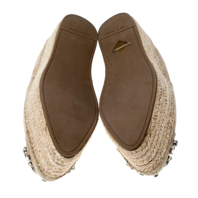 Pre Owned Miu Miu Beige Nubuck Embellished Platform Espadrilles Flats Size 38