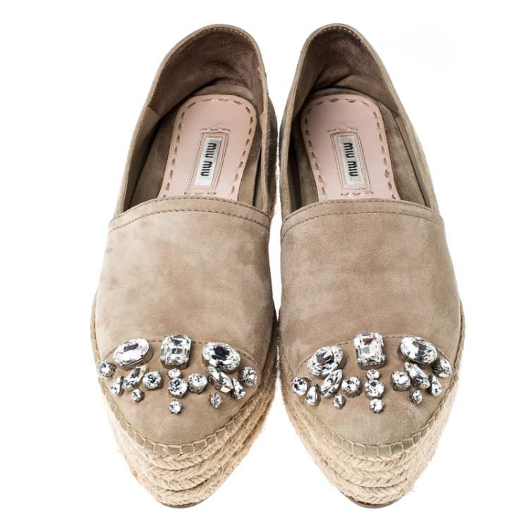 Pre Owned Miu Miu Beige Nubuck Embellished Platform Espadrilles Flats Size 38