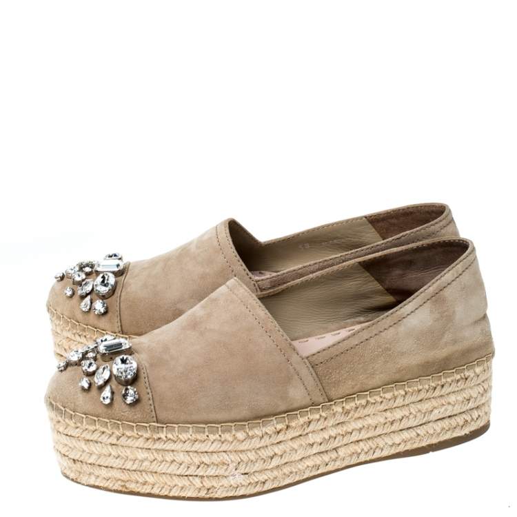 Pre Owned Miu Miu Beige Nubuck Embellished Platform Espadrilles Flats Size 38