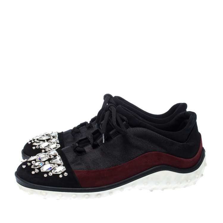 Pre Owned Miu Miu Black/Maroon Fabric and Suede Jeweled Toe Sneakers Size 38
