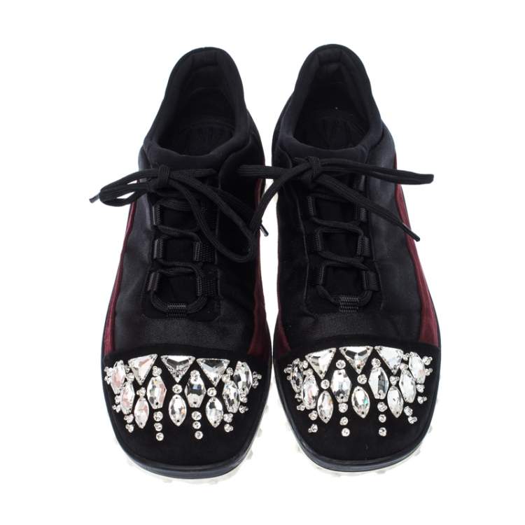 Pre Owned Miu Miu Black/Maroon Fabric and Suede Jeweled Toe Sneakers Size 38