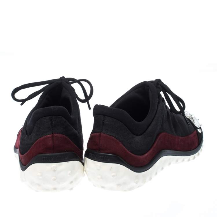 Pre Owned Miu Miu Black/Maroon Fabric and Suede Jeweled Toe Sneakers Size 38