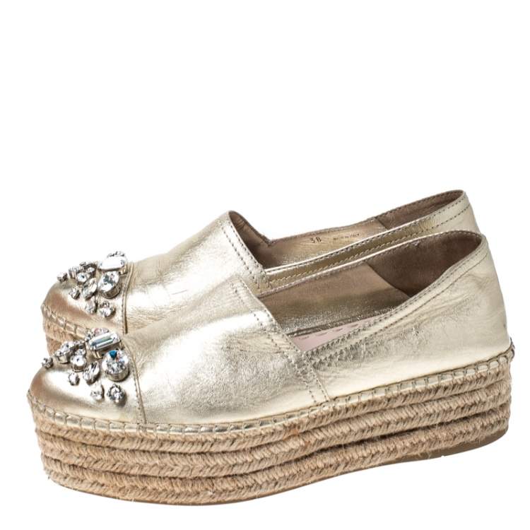 Pre Owned Miu Miu Metallic Gold Leather Crystal Embellished Platform Flats Espadrille Size 38