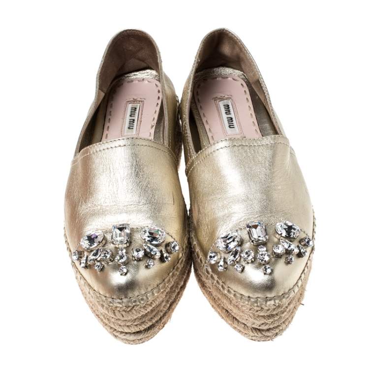 Pre Owned Miu Miu Metallic Gold Leather Crystal Embellished Platform Flats Espadrille Size 38
