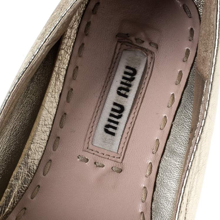 Pre Owned Miu Miu Metallic Gold Leather Crystal Embellished Platform Flats Espadrille Size 38
