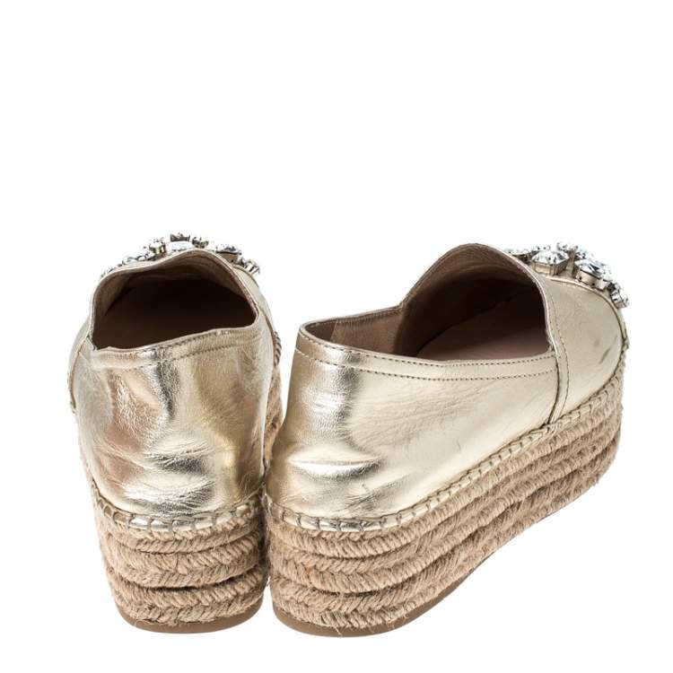 Pre Owned Miu Miu Metallic Gold Leather Crystal Embellished Platform Flats Espadrille Size 38